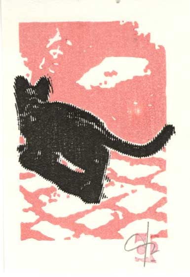 Dominique R.: Exit Woodblock: Woodblock print, self-published SIZE IN INCHES: 2.5 x 3.75 inches COMMENTS: Playful contemporary print.