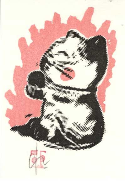 Dominique R.: Lucky Cat Woodblock: Woodblock print, self-published SIZE IN INCHES: 2.5 x 4 inches COMMENTS: Playful contemporary print.