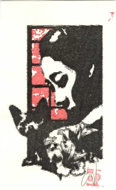 Dominique R.: Woman Holding Her Cat Woodblock: Woodblock print, self-published SIZE IN INCHES: 2.5 x 4 inches COMMENTS: Playful contemporary print.
