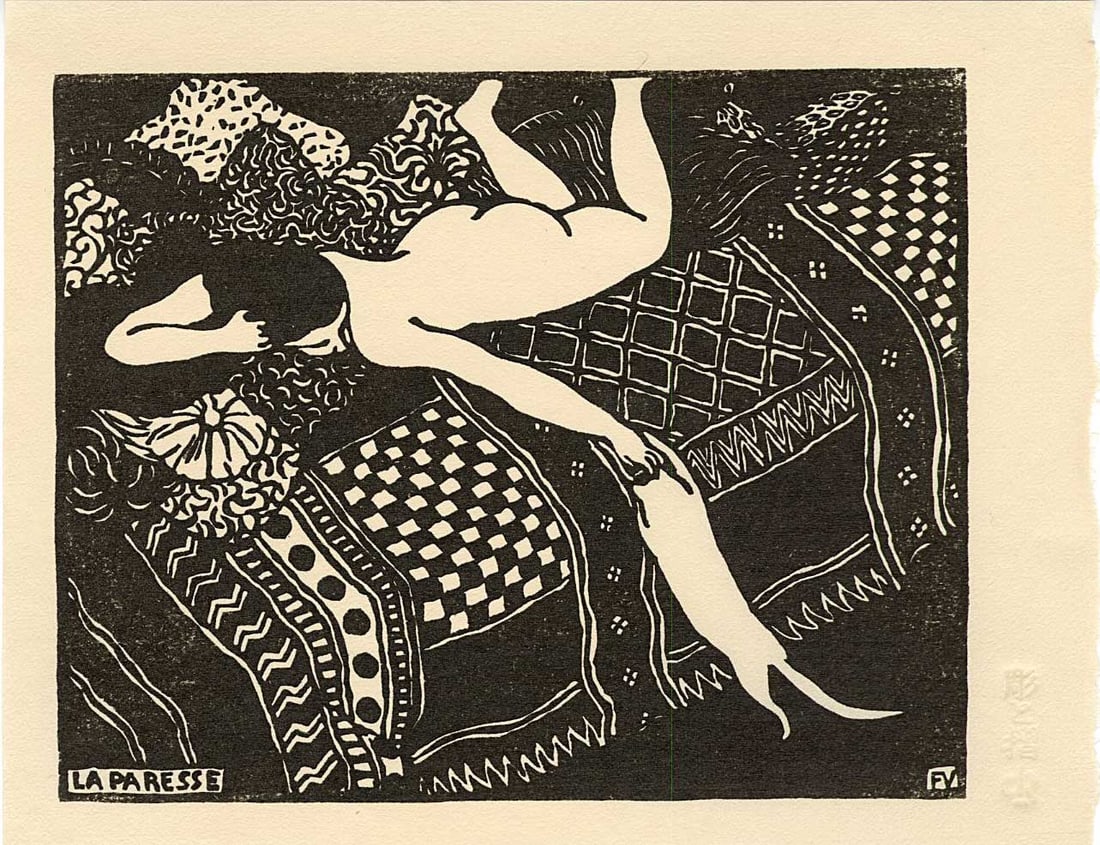 Felix Valloton: La Paresse (Laziness) Woodblock: Woodblock Print, not dated, initialled FV in the block SIZE IN INCHES: koban, 7.25 x 5.75 inches COMMENTS: Contemporary printing from recarved woodblocks of the 1896 original showing a nude on a bed p