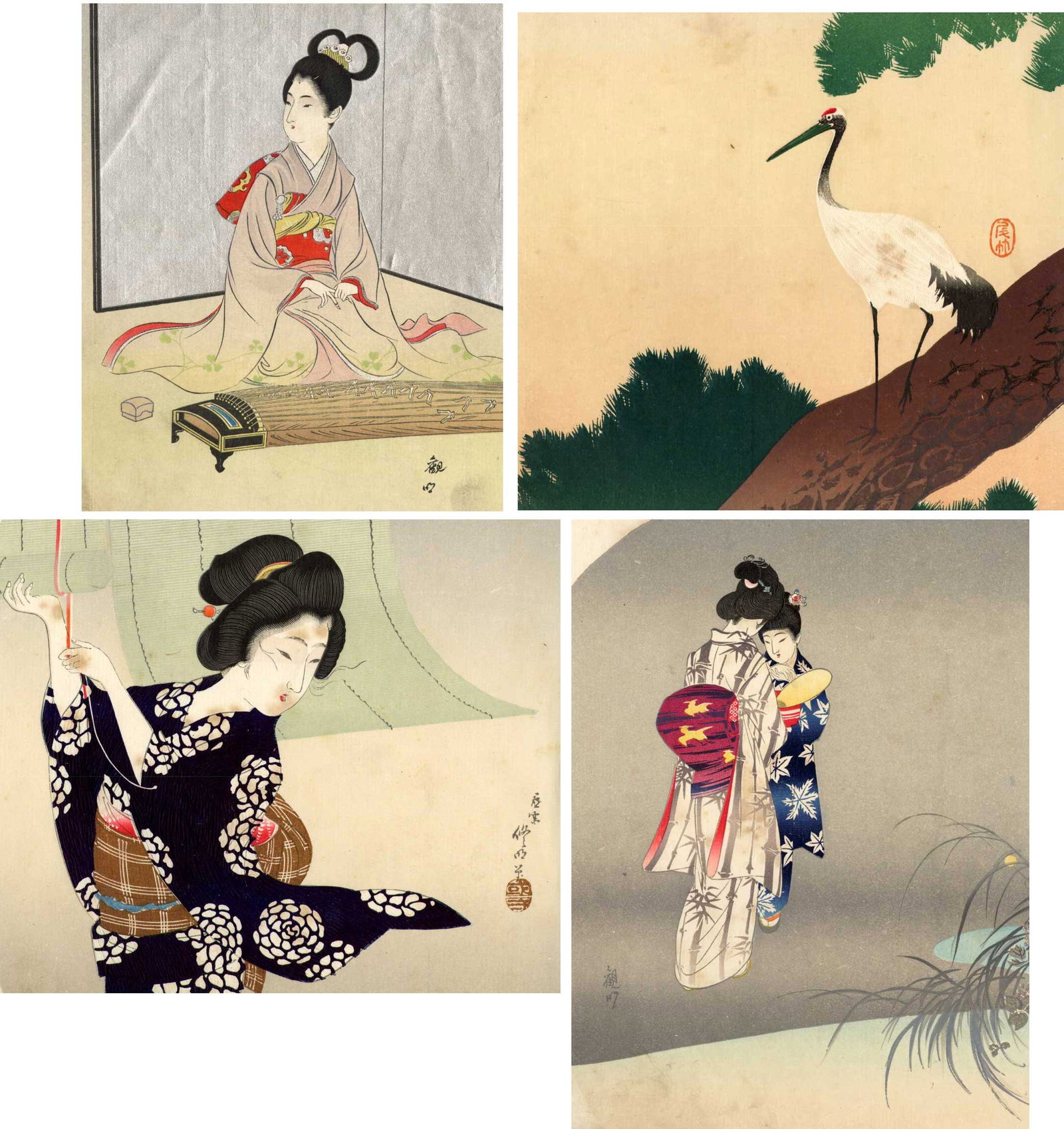 Group of Taisho Woodblock Prints (4): Japanese Woodblock Print, four prints from the Taisho era SIZE IN INCHES: top left: 7 x 7; top right: 7.75 x 7 bottom right: 6.5 x 8.5; bottom left: 8 x 6.5 inches COMMENTS: Group of four (4) small
