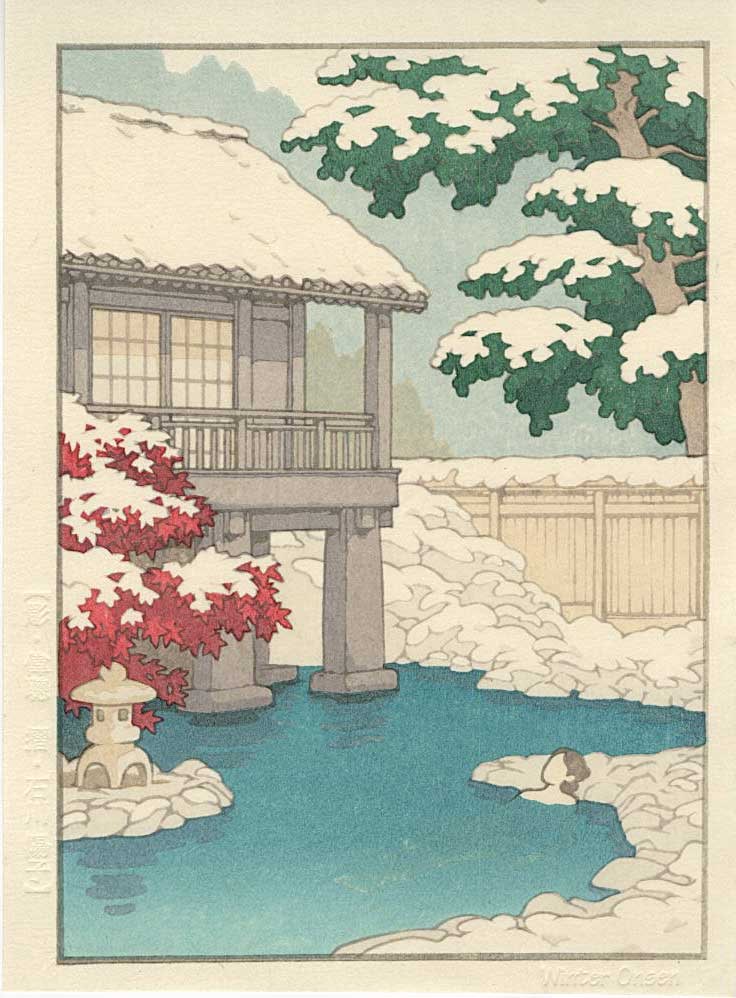 Jed Henry: Winter Onsen Woodblock: Japanese Woodblock Print, 2019, from the first printing published by Mokunankan SIZE IN INCHES: 5 x 6.75 inches COMMENTS: From the series A Japan Journey a series of 12 prints depicting various