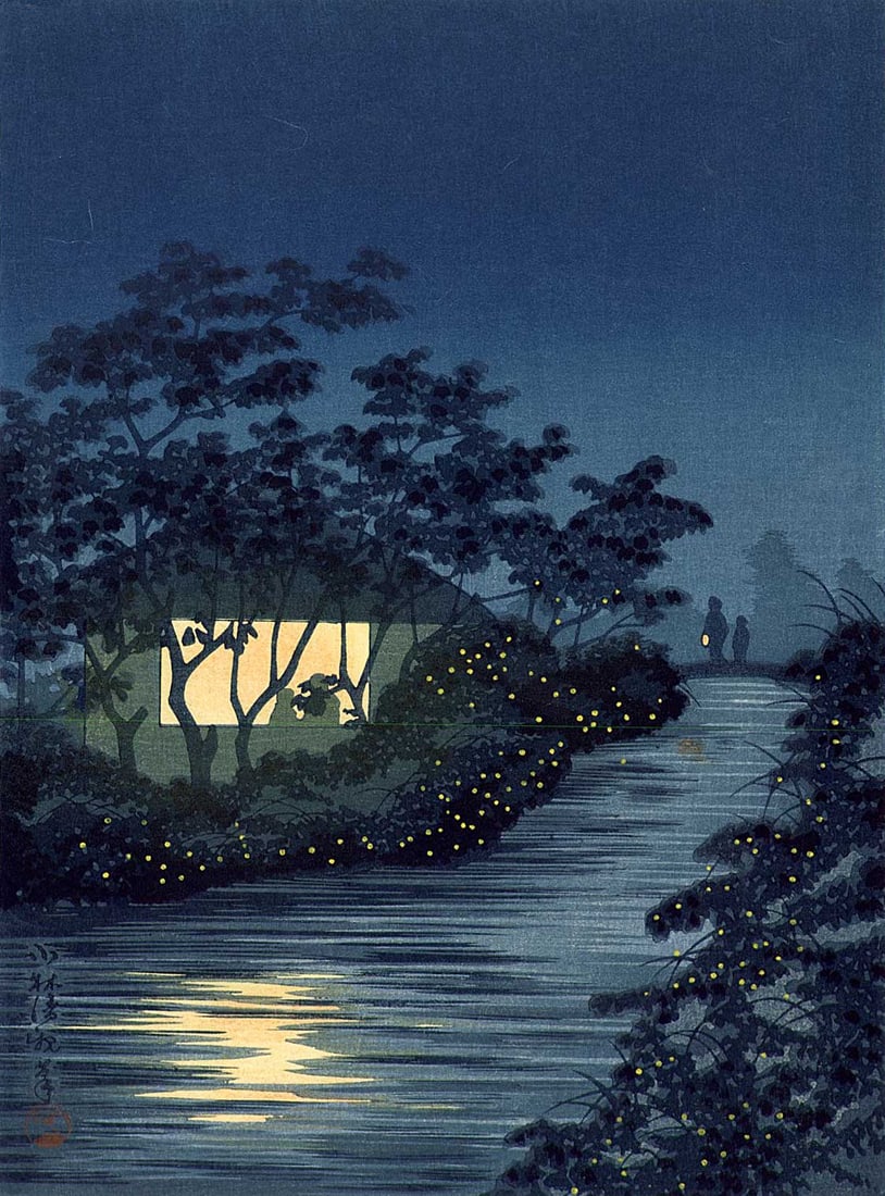 Kiyochika Kobayashi: River of Fireflies 1930s Woodblock: Japanese Woodblock Print, 1930s, published by the Shima Art Co. SIZE IN INCHES: chuban, 7.5 x 10.25 inches PROVENANCE: From the Robert O. Muller estate. KOBAYASHI KIYOCHIKA (1847-1915) was a Japanese
