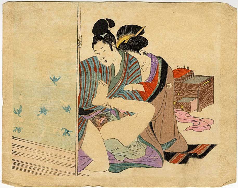 Meiji Shunga: A Seamstress Woodblock: Japanese Woodblock Print, Meiji era pillow book page SIZE IN INCHES: 5 x 3.5 inches SHUNGA is a subgenre of classic Japanese erotic art, typically produced as ukiyo-e woodblock prints or painted