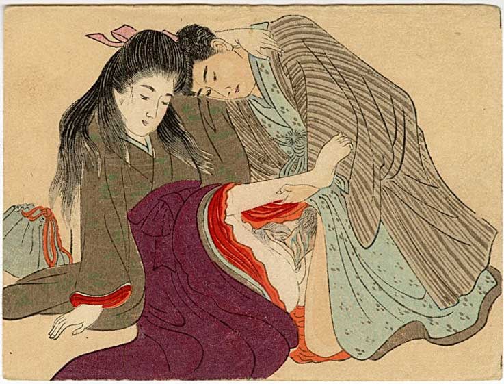 Meiji Shunga: Couple Making Love Woodblock: Japanese Woodblock Print, Meiji era pillow book page SIZE IN INCHES: 5 x 3.5 inches SHUNGA is a subgenre of classic Japanese erotic art, typically produced as ukiyo-e woodblock prints or painted