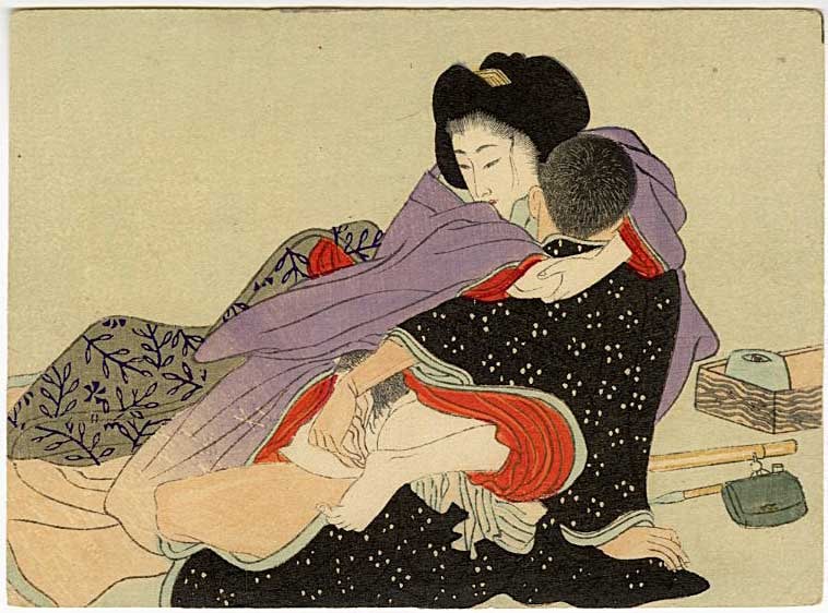 Meiji Shunga: Deep Embrace Woodblock: Japanese Woodblock Print, Meiji era pillow book page SIZE IN INCHES: 5 x 3.5 inches SHUNGA is a subgenre of classic Japanese erotic art, typically produced as ukiyo-e woodblock prints or painted