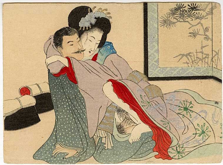 Meiji Shunga: Making Love Behind a Screen Woodblock: Japanese Woodblock Print, Meiji era pillow book page SIZE IN INCHES: 5 x 3.5 inches SHUNGA is a subgenre of classic Japanese erotic art, typically produced as ukiyo-e woodblock prints or painted