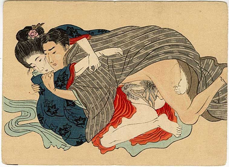 Meiji Shunga: Missionary Position Woodblock: Japanese Woodblock Print, Meiji era pillow book page SIZE IN INCHES: 5 x 3.5 inches SHUNGA is a subgenre of classic Japanese erotic art, typically produced as ukiyo-e woodblock prints or painted