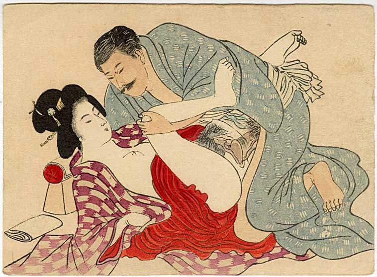 Meiji Shunga: Mustachioed Man Woodblock: Japanese Woodblock Print, Meiji era pillow book page SIZE IN INCHES: 5 x 3.5 inches SHUNGA is a subgenre of classic Japanese erotic art, typically produced as ukiyo-e woodblock prints or painted