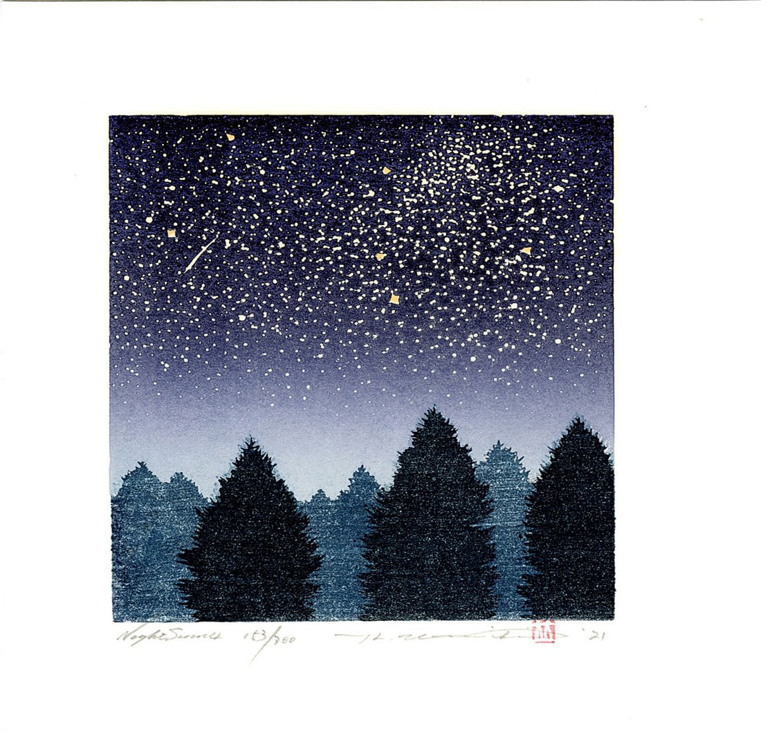 Namiki Hajime: Night Scene 4 2021 1st Ed Woodblock: Japanese Woodblock Print, 2021, 1st edition, pencil titled, signed, dated and numbered 153/300 in the bottom margin, self published by Namiki Hajime SIZE IN INCHES: 8 x 8 inches COMMENTS: Namiki's