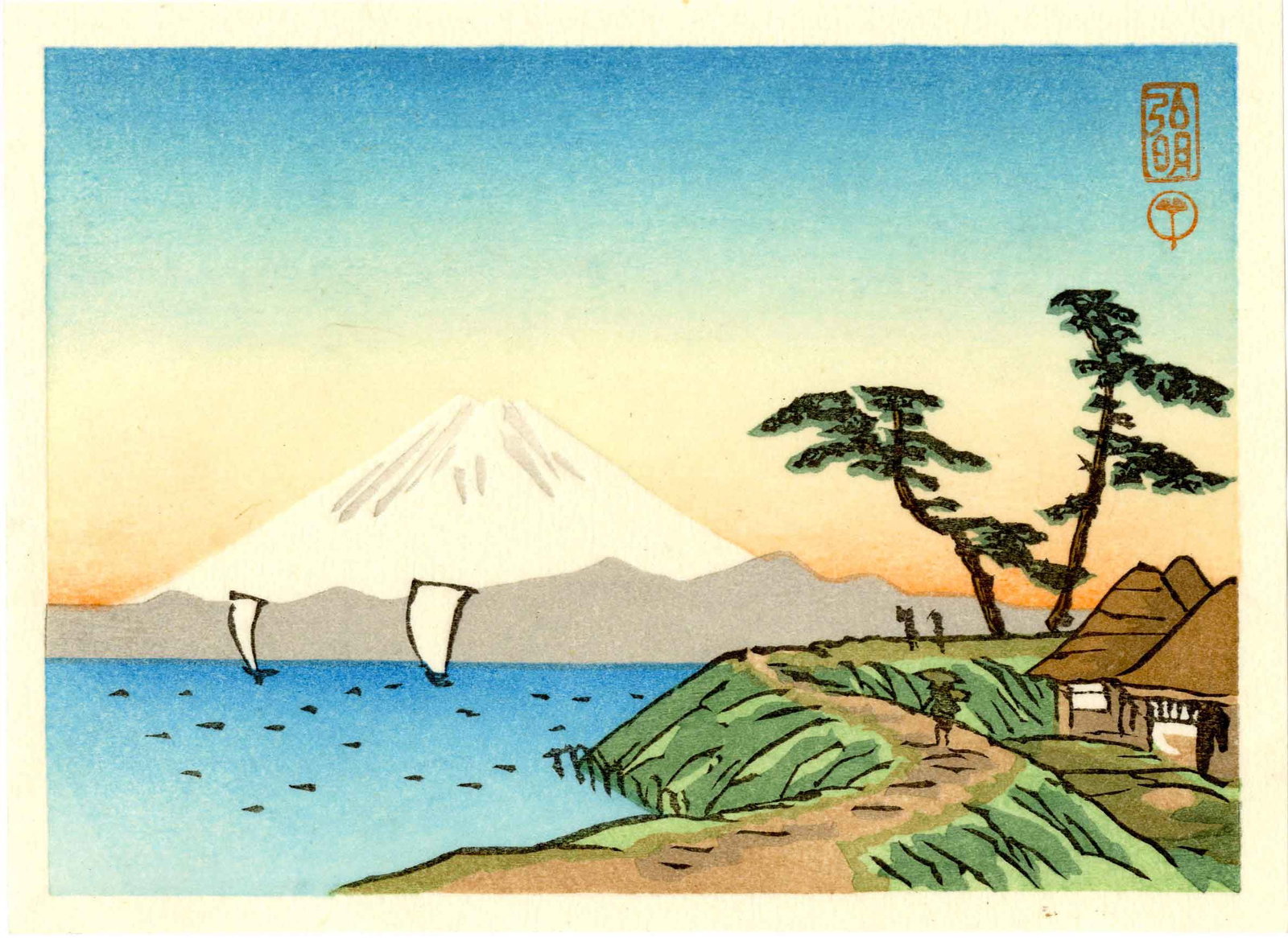 Shotei Takahashi: Fine Weather Woodblock NR: Japanese Woodblock Print, originally published 1930s by Shobido Tanaka, this later edition. Listed at ST-151 on Shotei.com catalog. SIZE IN INCHES: yatsugiri-ban, 6 x 4 inches TAKAHASHI SHOTEI