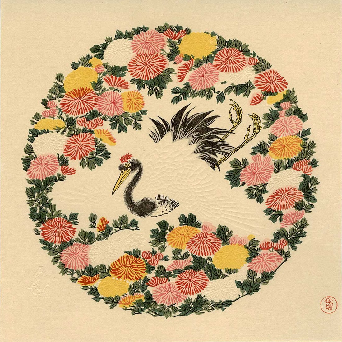 Shunman Kubo: Chrysanthemum and Crane Woodblock: Japanese Woodblock Print, originally published c.1800, this is a Showa era printing from recarved woodblocks published by Adachi SIZE IN INCHES: surimono, 9 x 8.75 inches COMMENTS: Extensive embossing