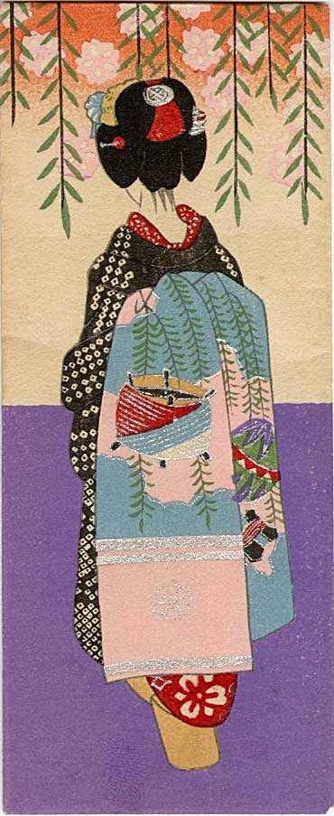 Unsigned: Deluxe Showa Era Pochibukuro Woodblock: Japanese Woodblock Print, pochibukuro envelope SIZE IN INCHES: 2.5 x 6 inches COMMENTS: Japanese woodblock envelopes, known as pochibukuro (small money envelopes) or shugi-bukuro (gift bags), feature