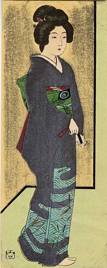 Unsigned: Geisha Showa Era Pochibukuro Woodblock: Japanese Woodblock Print, pochibukuro envelope SIZE IN INCHES: 2.5 x 6 inches COMMENTS: Japanese woodblock envelopes, known as pochibukuro (small money envelopes) or shugi-bukuro (gift bags), feature
