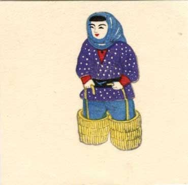 Unsigned: Woman with Baskets Woodblock: Japanese Woodblock Print, Showa Era SIZE IN INCHES: largest print is 2.5 x 2.5 inches