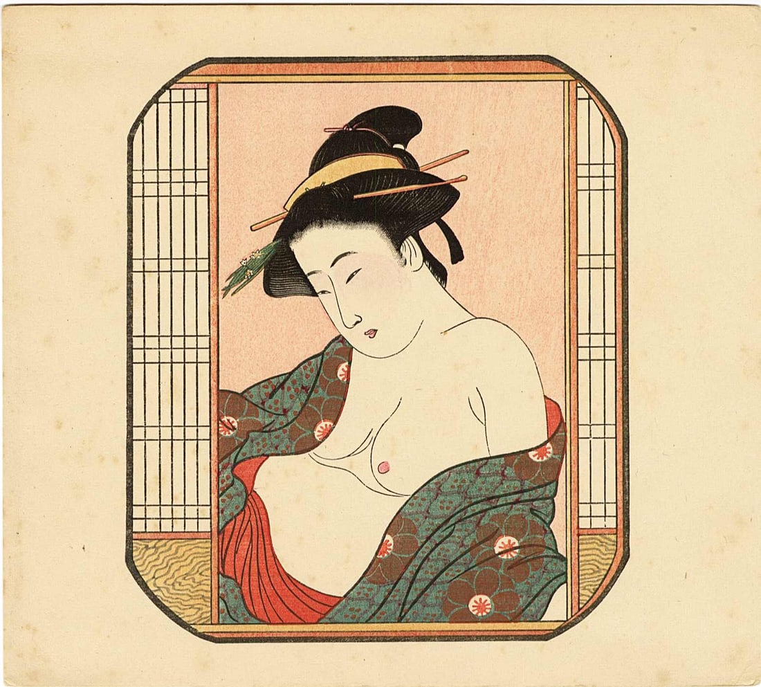 Utamaro Kitagawa: Abuna-e Woodblock: Japanese Woodblock Print, Showa era, publisher unknown SIZE IN INCHES: 7.75 x 7 inches COMMENTS: Showa era printing of a semi-erotic subject (abuna-e).