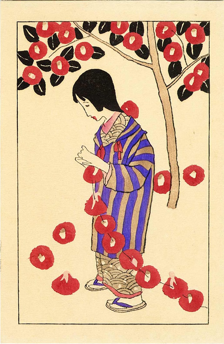 Yumeji Takahisa: Woman Stringing Flowers 1941 Woodblock: Japanese Woodblock Print, 1941,from Poems and Paintings by Takehisa Yumeji SIZE IN INCHES: 5 x 8 inches TAKEHISA YUMEJI (1884-1934) was born in Okayama, moved to Tokyo in 1901. He was a self-taught ar