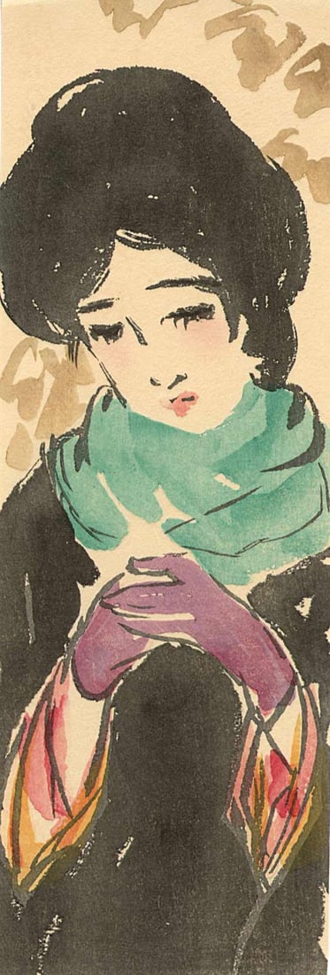 Yumeji Takahisa: Woman with Blue Scarf 1941 Woodblock: Japanese Woodblock Print, 1941,from Poems and Paintings by Takehisa Yumeji SIZE IN INCHES: 3 x 8.5 inches TAKEHISA YUMEJI (1884-1934) was born in Okayama, moved to Tokyo in 1901. He was a self-taught 