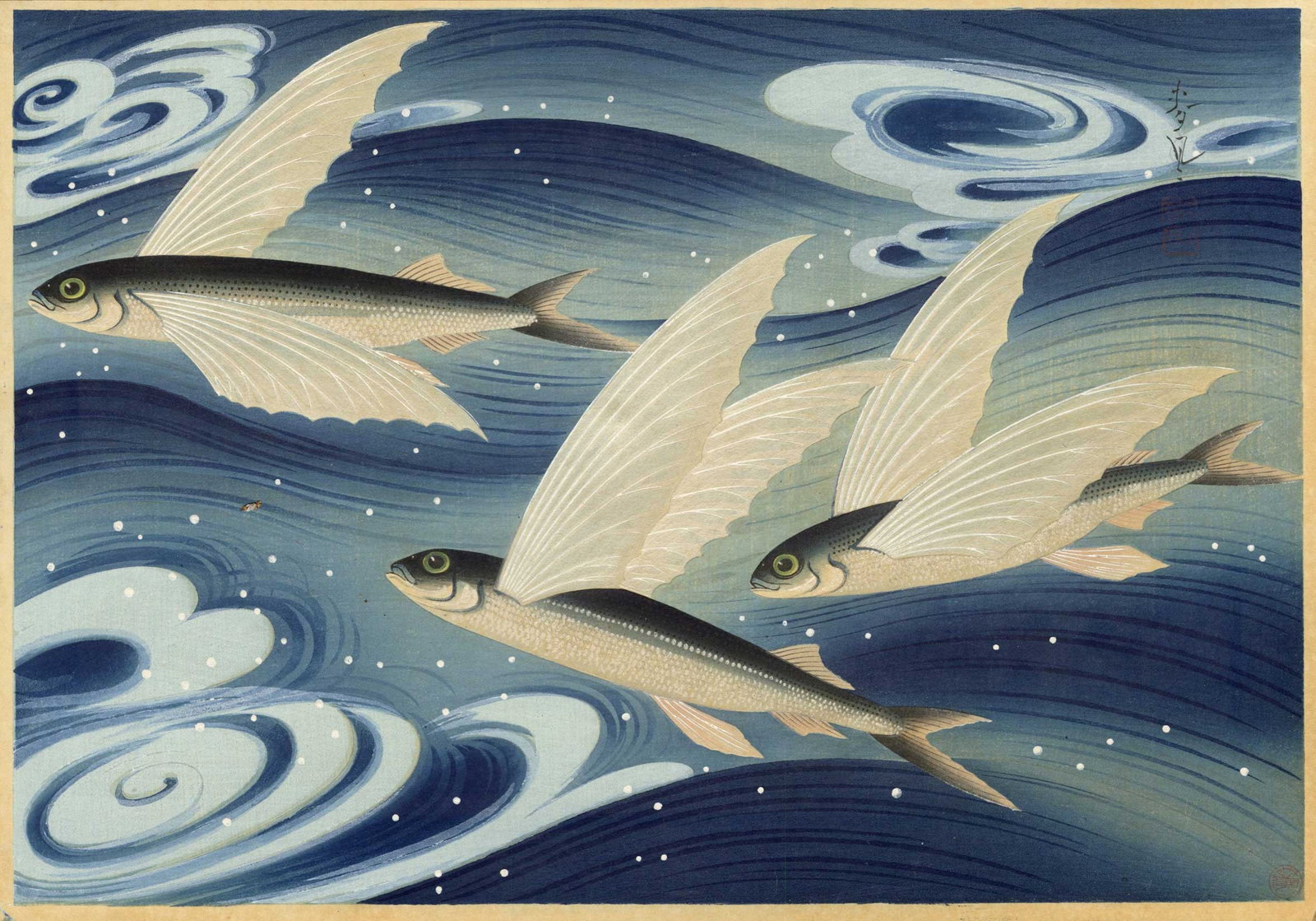 Bakufu Ohno -- Flying Fish 1938 Woodblock: Japanese Woodblock Print, 1938, from the series "Familiar Fishes of Nippon", published by Nishinomiya in original folder, tipped to the original mat at top SIZE IN INCHES: print: oban, 16 x 11 inches;