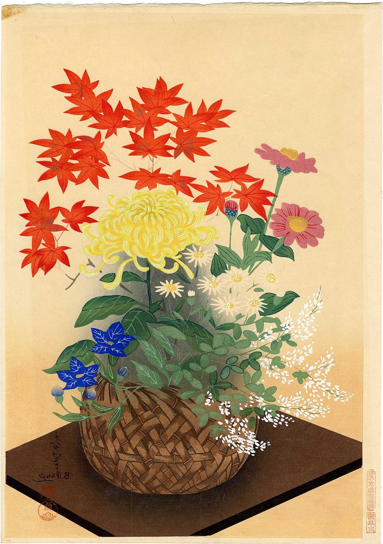 Bakufu Ohno: Autumn Flower Basket 1950s Woodblock NR (1 of 2)