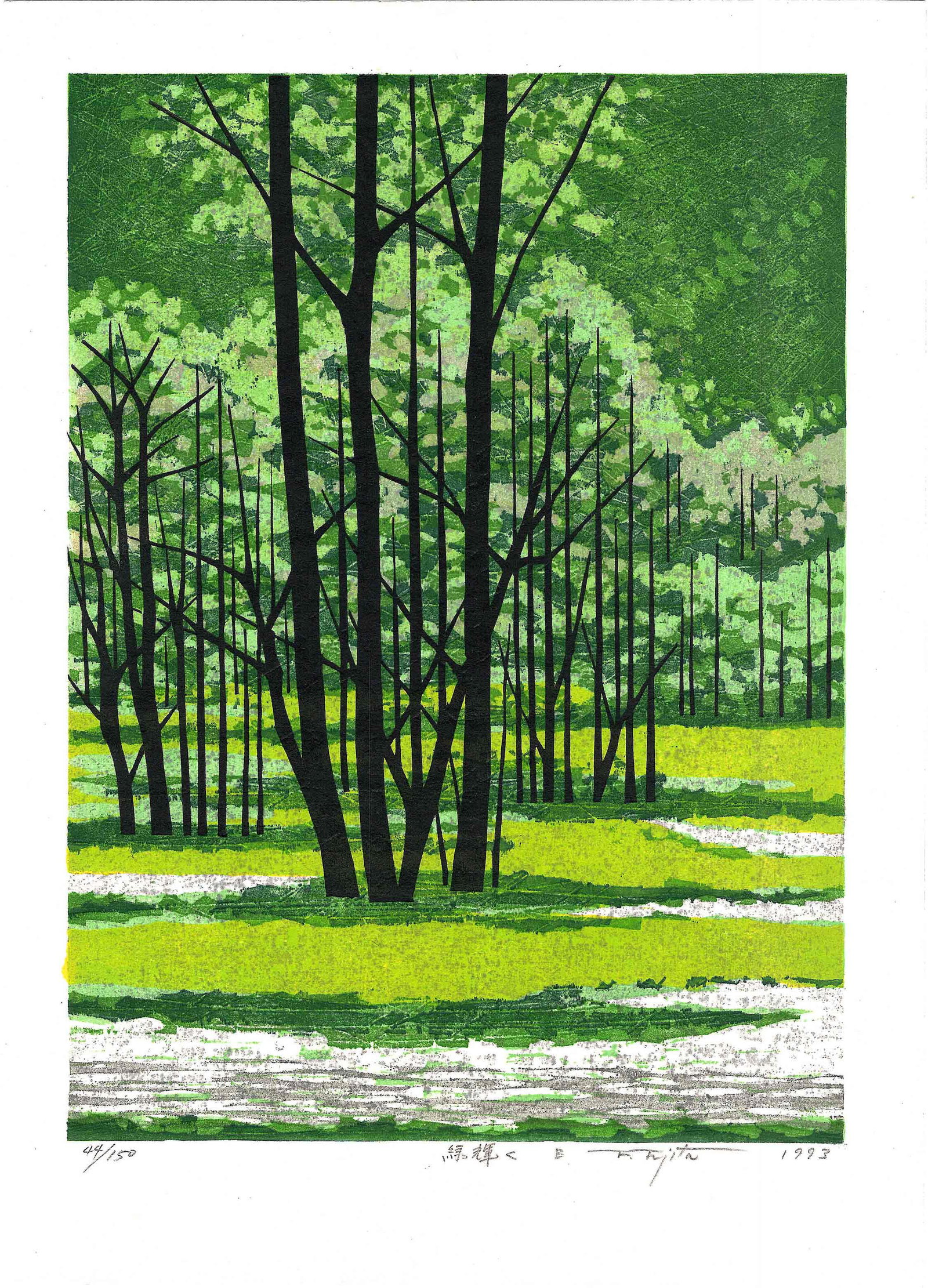 Fumio Fujita: Green Brilliance B 1st Ed 1993 Woodblock: Japanese Woodblock Print, 1993, 1st Edition, self published, pencil signed, titled and numbered 44/150 in the bottom margin SIZE IN INCHES: 15 x 20.5 inches FUJITA FUMIO (b. 1933) was born in Handa Ci