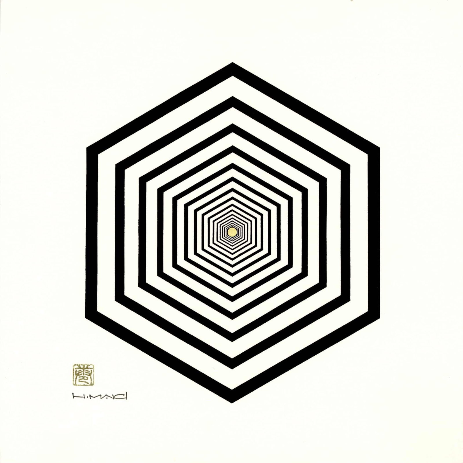 Haku Maki: Cubed Woodblock: Japanese Woodblock Print, signed in ink and sealed SIZE IN INCHES: shikishi, 10 x10 inches COMMENTS: Gold foil used at center. HAKU MAKI (1924-2000) was born with the name Maejima Tadaaki in 1924 in t