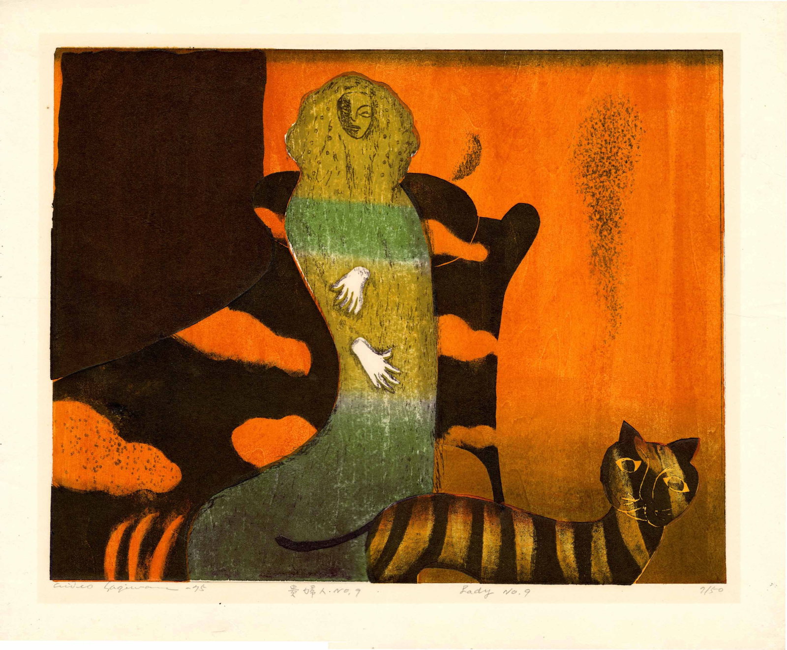 Hideo Hagiwara: Lady No. 9, 1975 1st Ed. Woodblock: Japanese Woodblock Print, 1975 1st Edition, self-published, pencil signed, dated, and numbered 7/50 SIZE IN INCHES: 21 x 17.5 inches HIDEO HAGIWARA (1913-?2007) was a Japanese sosaku hanga (“creativ