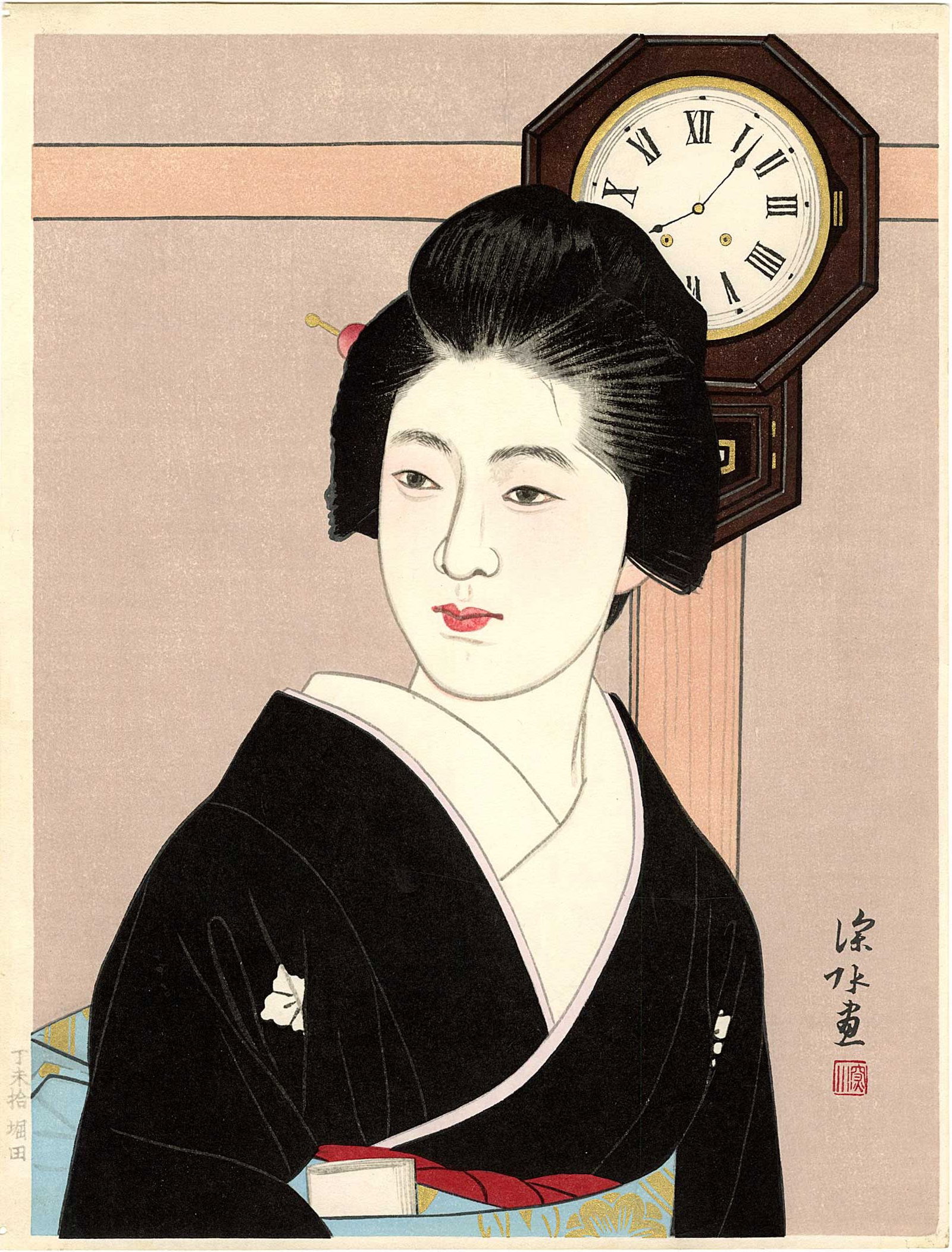 Ito Shinsui: Beauty and Clock Woodblock: Japanese Woodblock Print, 1964, 1st/only edition, published by Shozaburo Watanabe SIZE IN INCHES: 10.75 x 14.25 COMMENTS: The series Clock and Beauty (Tokei to Bijin) was commissioned by the watchmake
