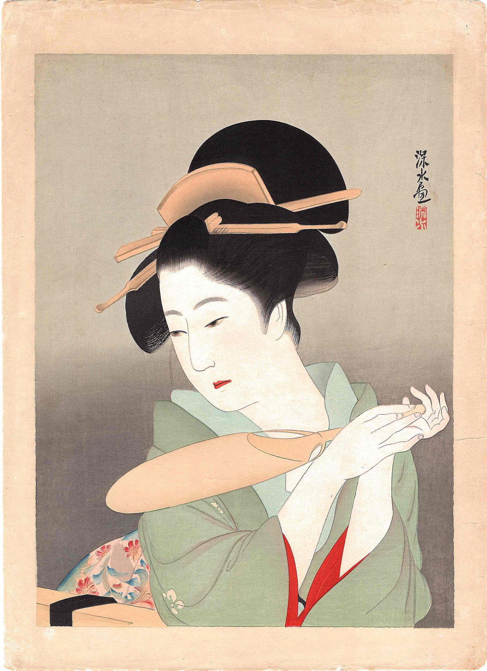 Ito Shinsui: In Early Summer 1933 Woodblock: Japanese Woodblock Print, 1933, published by Baba Nobuhiko SIZE IN INCHES: 13.75 x 19 inches COMMENTS: Extraordinarily RARE early Shinsui print. ITO SHINSUI (1898–1972) was one of the leading ma