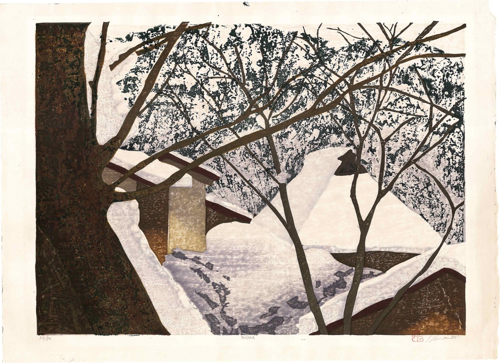 Joshua Rome -- Yukima 1986 1st EdWoodblock NR: Japanese Woodblock Print, 1986, pencil signed, titled, dated and numbered 56/80 SIZE IN INCHES: 25 x 18.25 inches JOSHUA ROME (b.1953) is an American woodblock print artist known for creating Japanese