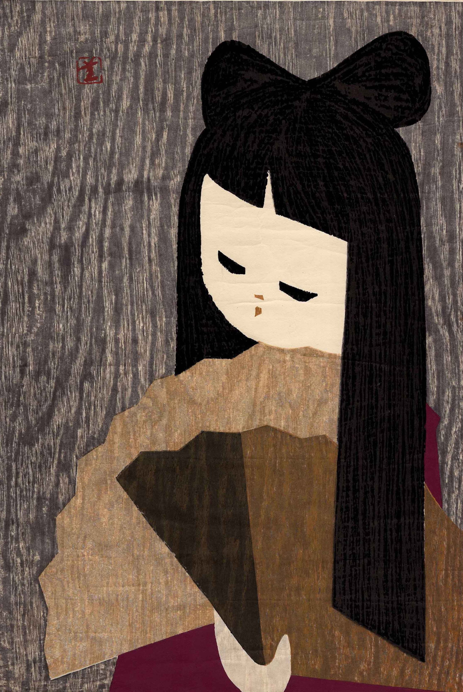 Kaoru Kawano: Fan 1950s 1st Ed Woodblock XL: Japanese Woodblock Print, c.1950, pencil signed, numbered 72/150 and titled in bottom margin. Self published by Kauro Kawano, with "self-carved self-printed" slip attached to back with the artist's se