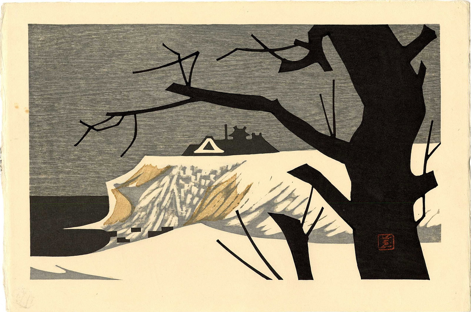 Kawano Kaoru -- Winter Mansion 1960s Woodblock NR: Japanese Woodblock Print, 1960s, self published by Kaoru Kawano SIZE IN INCHES: oban, 16.5 x 11 inches KAORU KAWANO (1916 - 1965) was born in Otaru, Hokkaido and in 1934 began his studies atthe