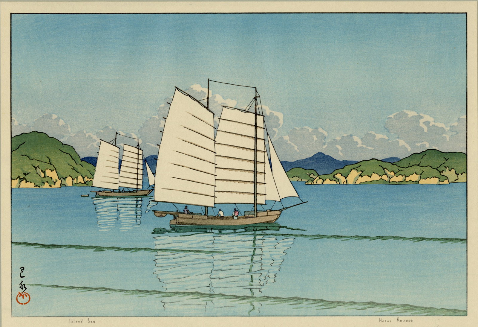 Kawase Hasui: Island Sea 1953 1st Ed Woodblock: Japanese Woodblock Print, 1953 1st/Only Edition, published by Shozaburo Watanabe for Pacific Transport Lines calendar in a single edition of only 500 SIZE IN INCHES: oban, 15 x 10.25 inches COMMENTS: