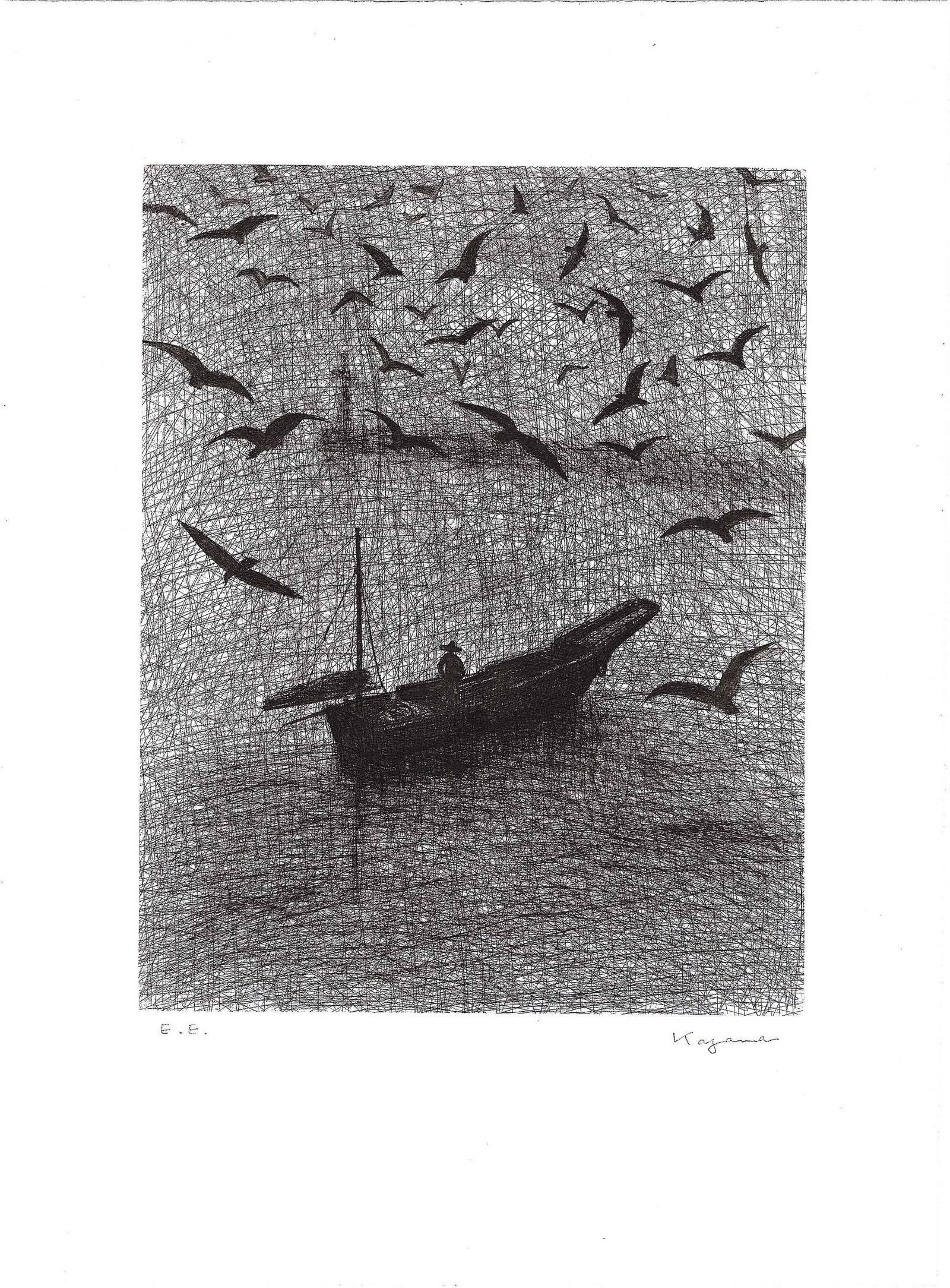 Kazama Kan: Seagull and Ship c.1970s Copperplate (1 of 2)