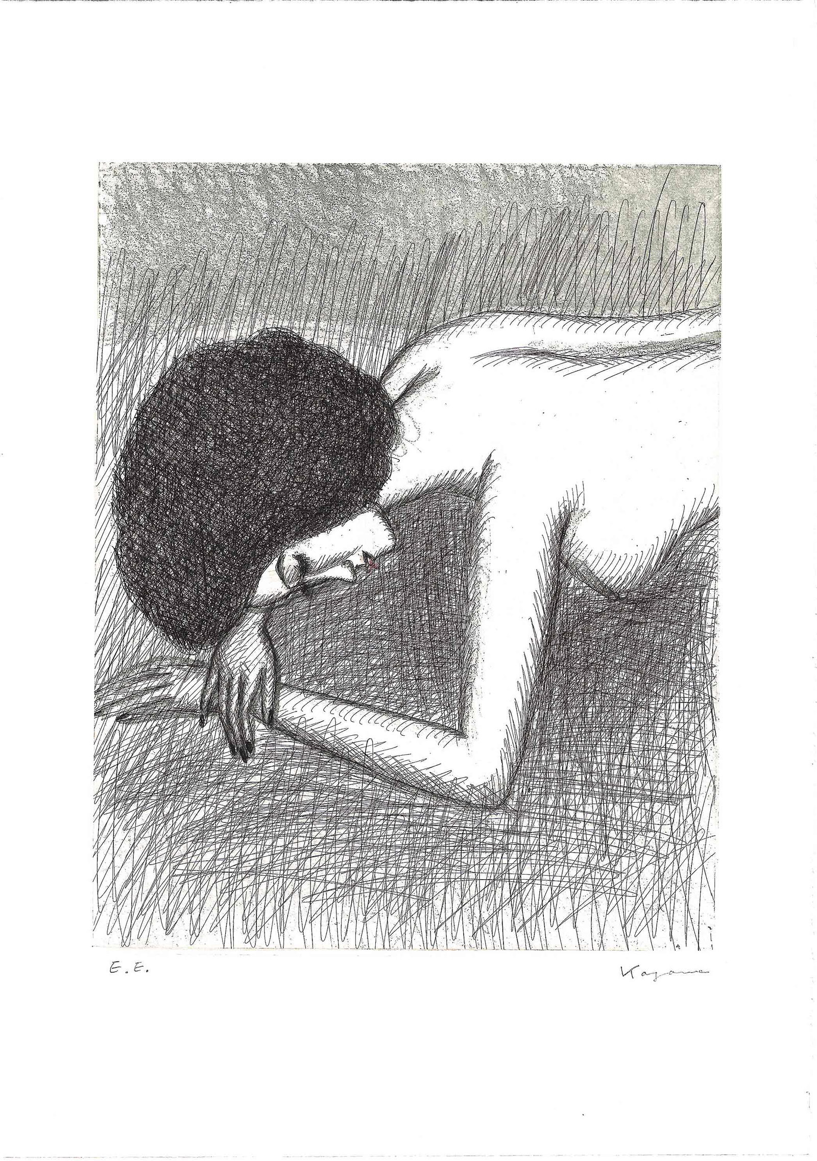 Kazama Kan: Young Woman c.1970s Copperplate: Japanese Copperplate Print, 1970s, pencil signed and numbered HH (Artist's proof) SIZE IN INCHES: 13.75 x 20 inches KAZAMA KAN (1919–2003) was a prominent Japanese illustrator and printmaker best