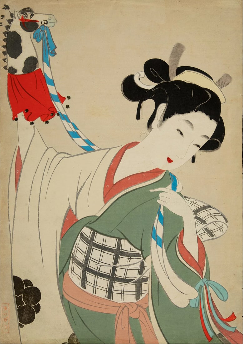 Keigetsu Kikuchi: Girl with a Puppet 1930s Woodblock: Japanese Woodblock Print, 1930s, publisher unknown SIZE IN INCHES: 14 X 20 inches KEIGETSU KIKUCHI (1879–1955), also known as Kikuchi Keigetsu, was a Japanese Nihonga painter and illustrator