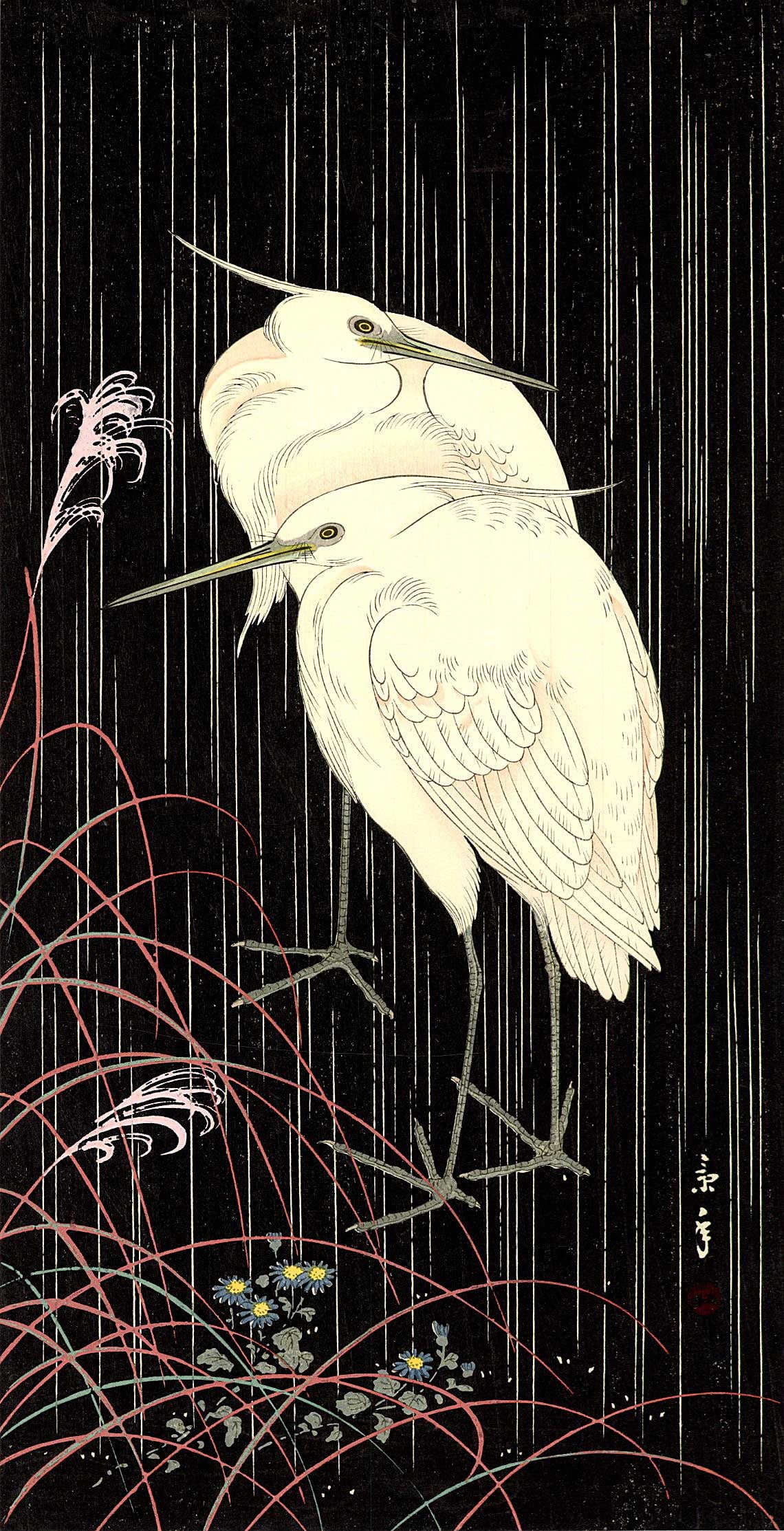 Keinen Imao: Egrets in Night Rain 1930s Woodblock: Japanese Woodblock Print, c.1930, published by the Shima Art Co., signed and sealed Keinen. SIZE IN INCHES: ohosoban, 7.5 x 15 inches PROVENANCE: From the Robert O. Muller estate. IMAO KEINEN (1845-19