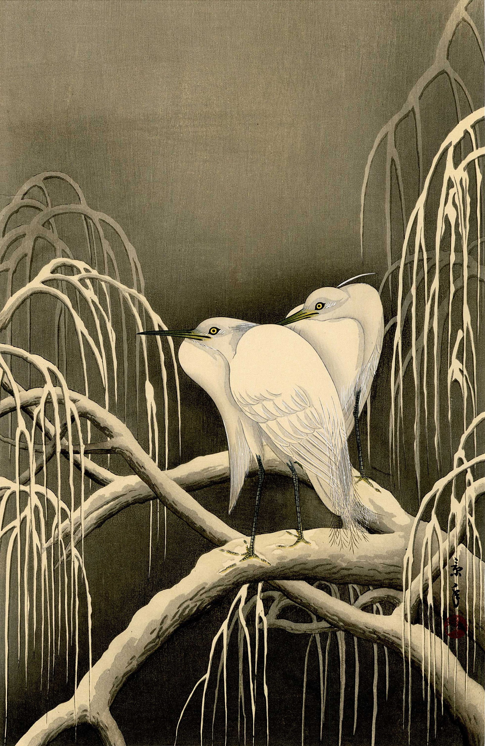Keinen Imao: Egrets on a Snowy Branch 1930s Woodblock: Japanese Woodblock Print, published c.1920s by The Shima Art Co. with publisher's seal in red SIZE IN INCHES: oban, 10 x 15 inches PROVENANCE: From the Robert O. Muller estate. IMAO KEINEN