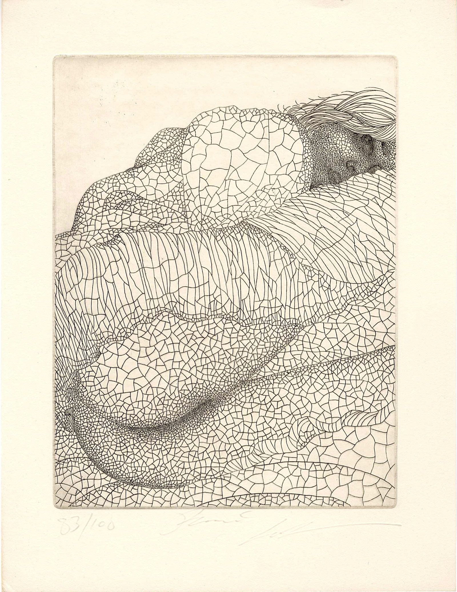 Keito Jo: Curled Up Copperplate Etching: Japanese Copperplate Etching, c.1980, pencil signed and numbered 83/100 SIZE IN INCHES: 9.5 x 12.25 inches JO KEITO (b.1946) was born in Aichi Prefecture (Honshu island) as the third child in the
