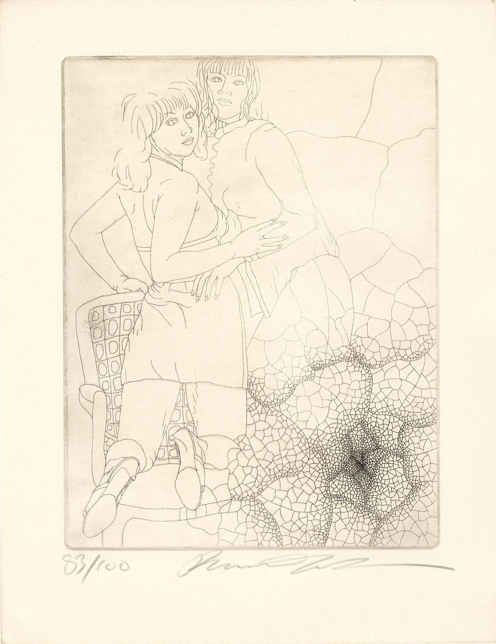 Keito Jo: Two Women Copperplate Etching: Japanese Copperplate Etching, c.1980, pencil signed and numbered 83/100 SIZE IN INCHES: 9.5 x 12.25 inches JO KEITO (b.1946) was born in Aichi Prefecture (Honshu island) as the third child in the fami