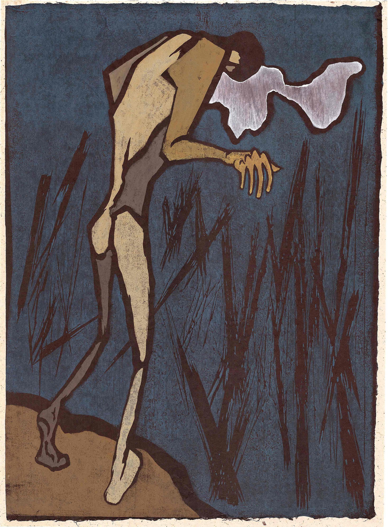 Kenji Najima: Invitation 1995 1st Edition Woodblock: Japanese Woodblock Print, 1995, self-published, ink signed, titled and numbered 4/20 on a separate sheet attached to the verso SIZE IN INCHES: 20 x 26.5 inches COMMENTS: A powerfully expressionistic w