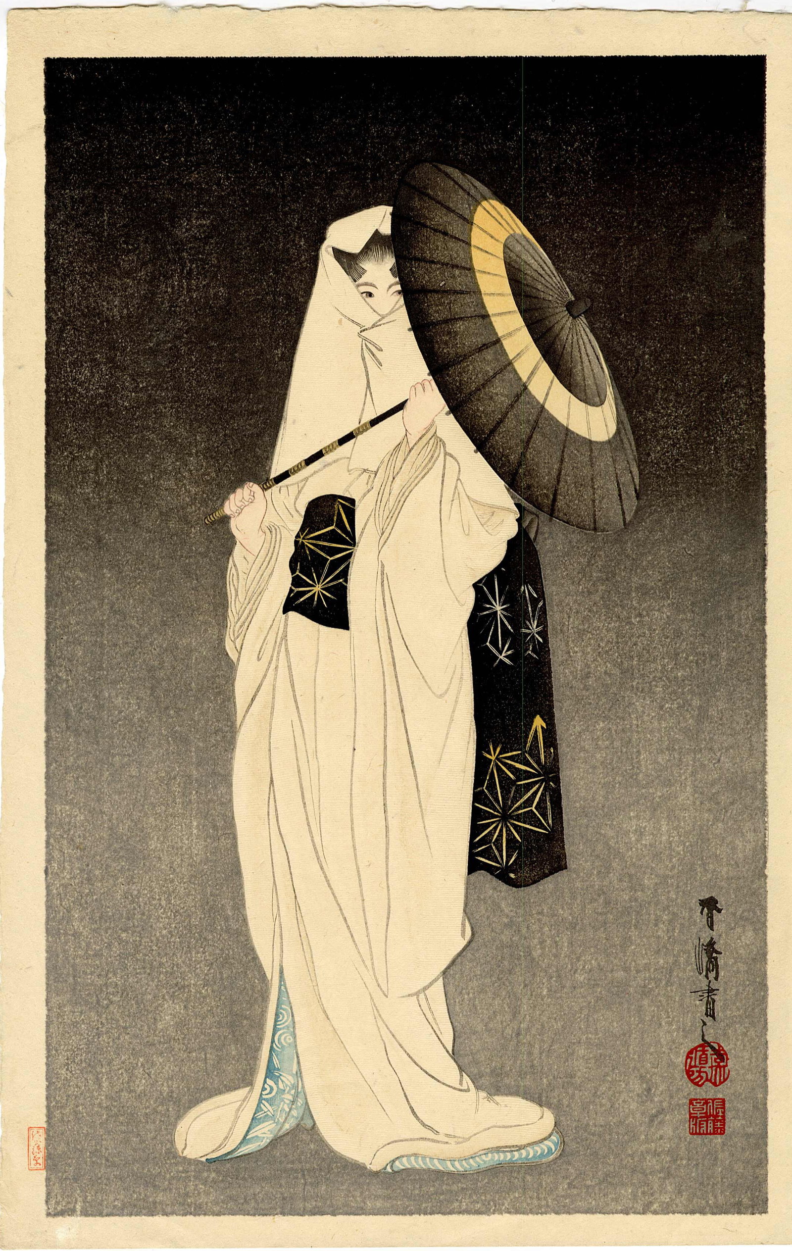 Kokyo Taniguchi: Spirt of the Heron Maiden 1925 Woodblock: Japanese Woodblock Print, 1920s published by Sato Shotaro SIZE IN INCHES: oban, approx. 10.75 x 16.5 inches KOKYO TANIGUCHI (1864-1915) was a pupil of Kono Bairei, one of the most important Meiji