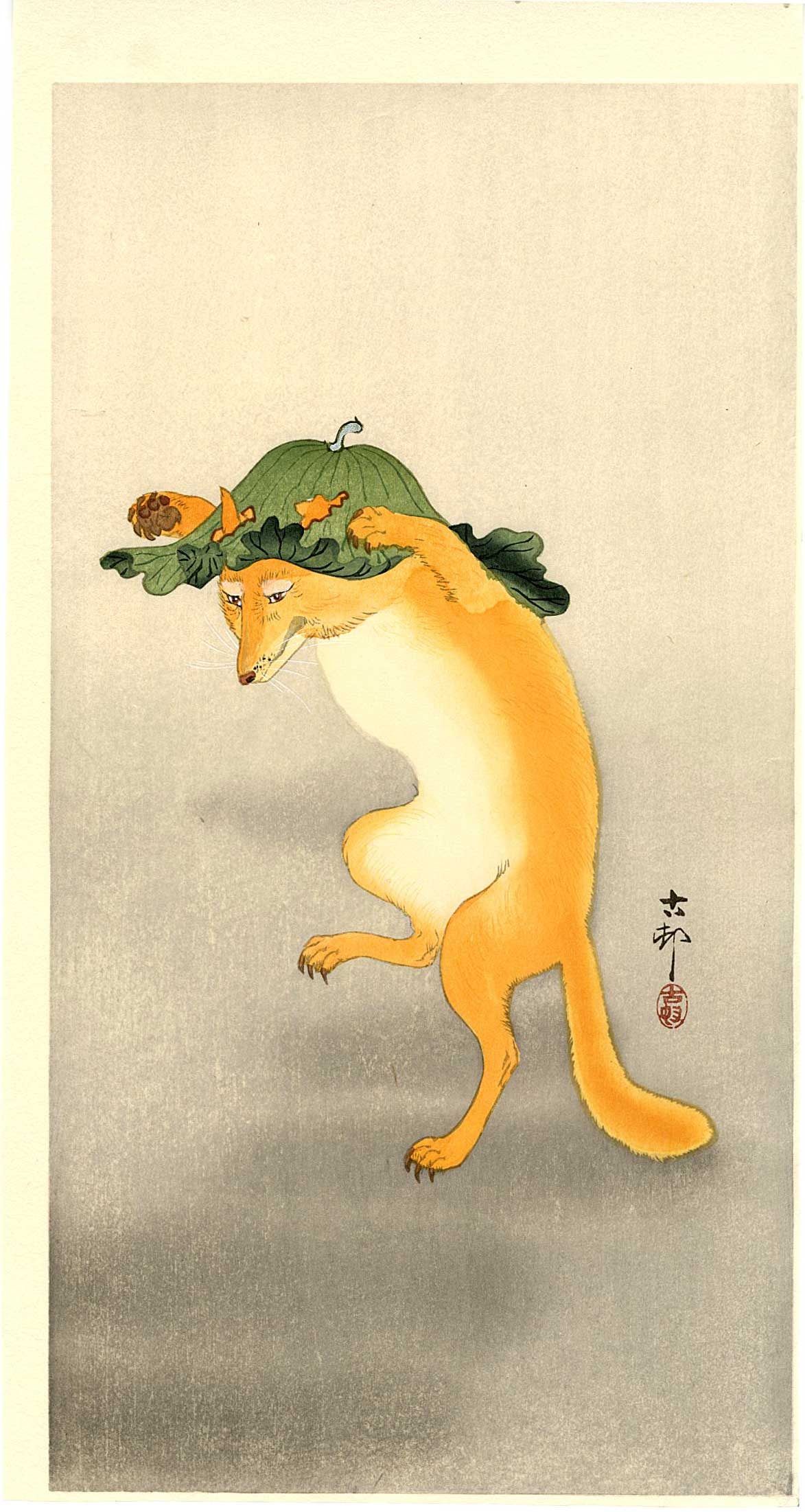 Koson Ohara: Dancing Fox Woodblock: Japanese Woodblock Print, 1920s, this is an excellent Riwa printing from recarved woodblocks SIZE IN INCHES: ohosoban, 7.5 x 15 inches COMMENTS: Fine copy of one of Koson's most sought-after designs O