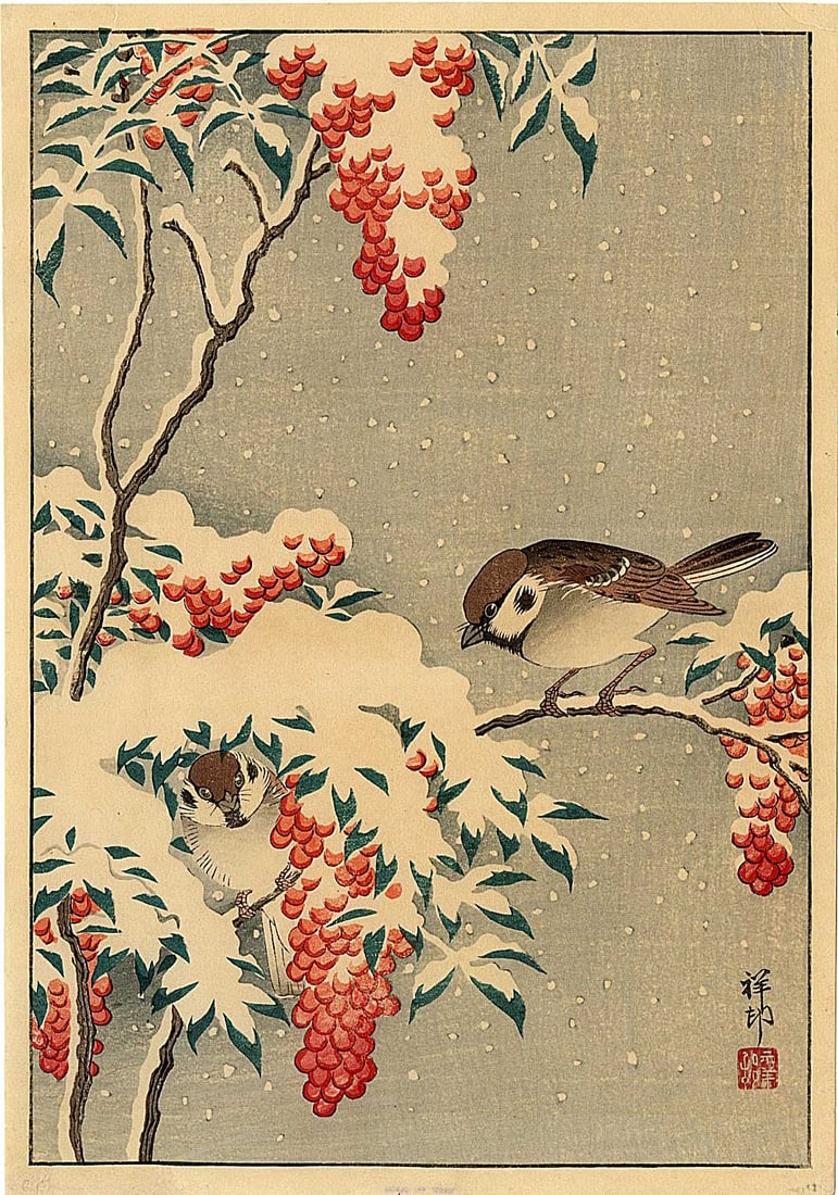 Koson Ohara: Two Tree Sparrows on Nandin 1930s Woodblock: Japanese Woodblock Print, c.1930, published by Shozaburo Watanabe SIZE IN INCHES: chuban, 7.25 x 10 inches COMMENTS: A charming winter scene by Koson captures two sparrows perched among snow-laden clu