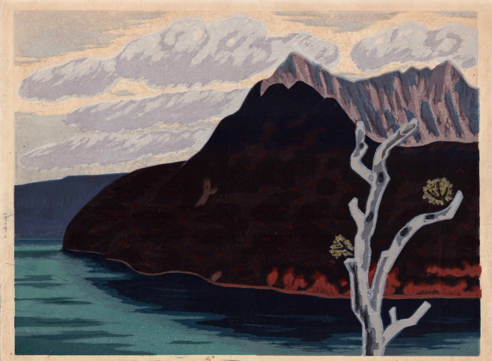 Masao Maeda: Lake Mashu c.1960 Woodblock: Japanese Woodblock Print, c.1960, unsigned, self-published SIZE IN INCHES: 23.5 x 18.5 inches MASAO MAEDA (1904-1974) was a Japanese woodblock print artist born in Hakodate on the island of Hokkaid