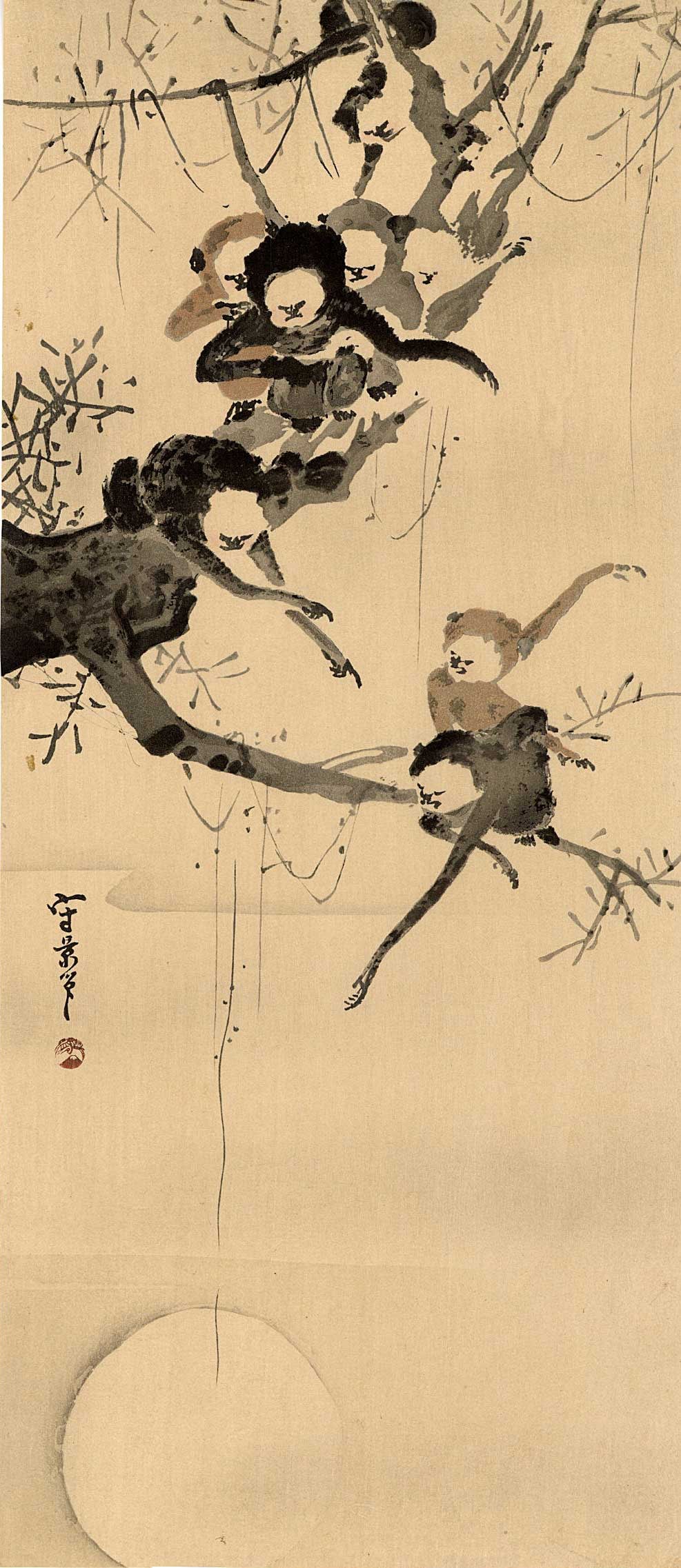 Morifuji: Monkeys in Tree 1930s Woodblock NR: Japanese Woodblock Print, c.1930, published by the Shima Art Company, signed and sealed Morifuji SIZE IN INCHES: ohosoban, 6.75 x 15 inches PROVENANCE: From the Robert O. Muller estate.
