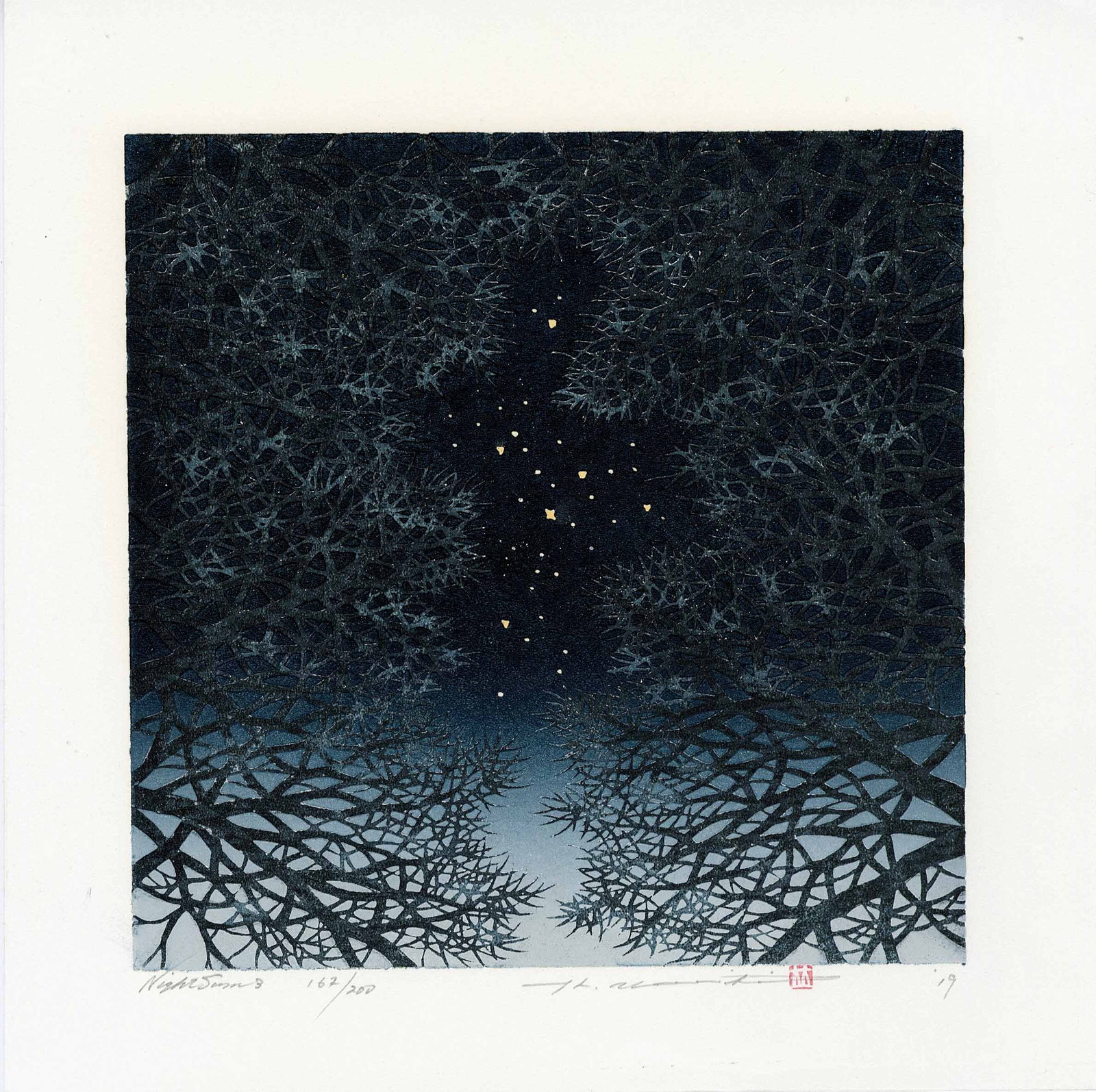 Namiki Hajime: Night Scene 3 2019 1st Ed. Woodblock: Japanese Woodblock Print, 2019, 1st edition, self published, pencil signed, dated, titled and numbered 162/200 SIZE IN INCHES: shikishi, 11.75 x 11.75 inches COMMENTS: Namiki's prints must be seen in 