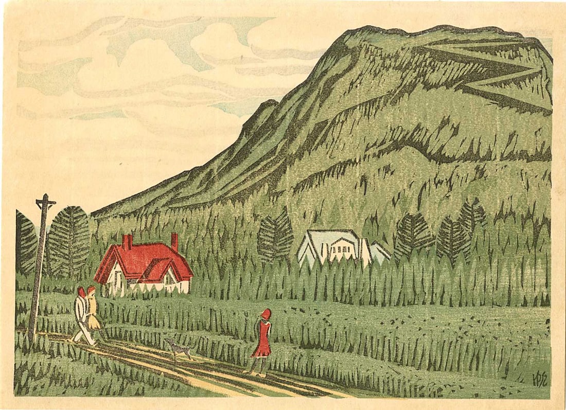 Senpan Maekawa -- Mountain House Woodblock NR: Japanese Woodblock Print, 1940s, self published SIZE IN INCHES: chuban, 9.75 x 7 inches MAEKAWA SENPAN (1888-1960) was born in Kyoto on October 5, 1888 with the name Ishida Shigezaburo. In 1905 he too