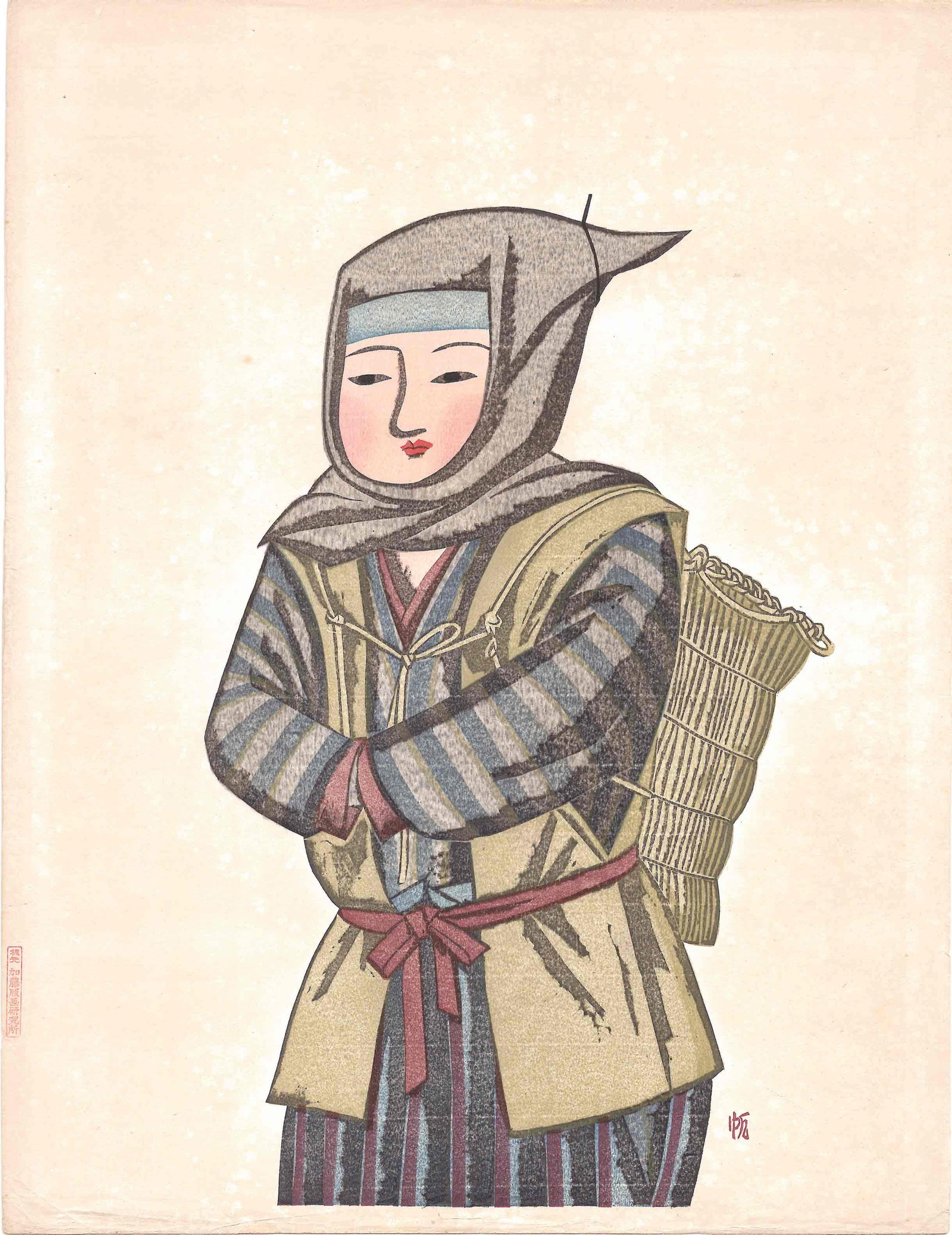 Senpan Maekawa: Zukin (Triangular Hood) Woodblock: Japanese Woodblock Print, c.1940s published by Kato Print Research Institute SIZE IN INCHES: 16 x21 inches MAEKAWA SENPAN (1888–1960), born Ishida Shigezaburō in Kyoto, was a major figure i