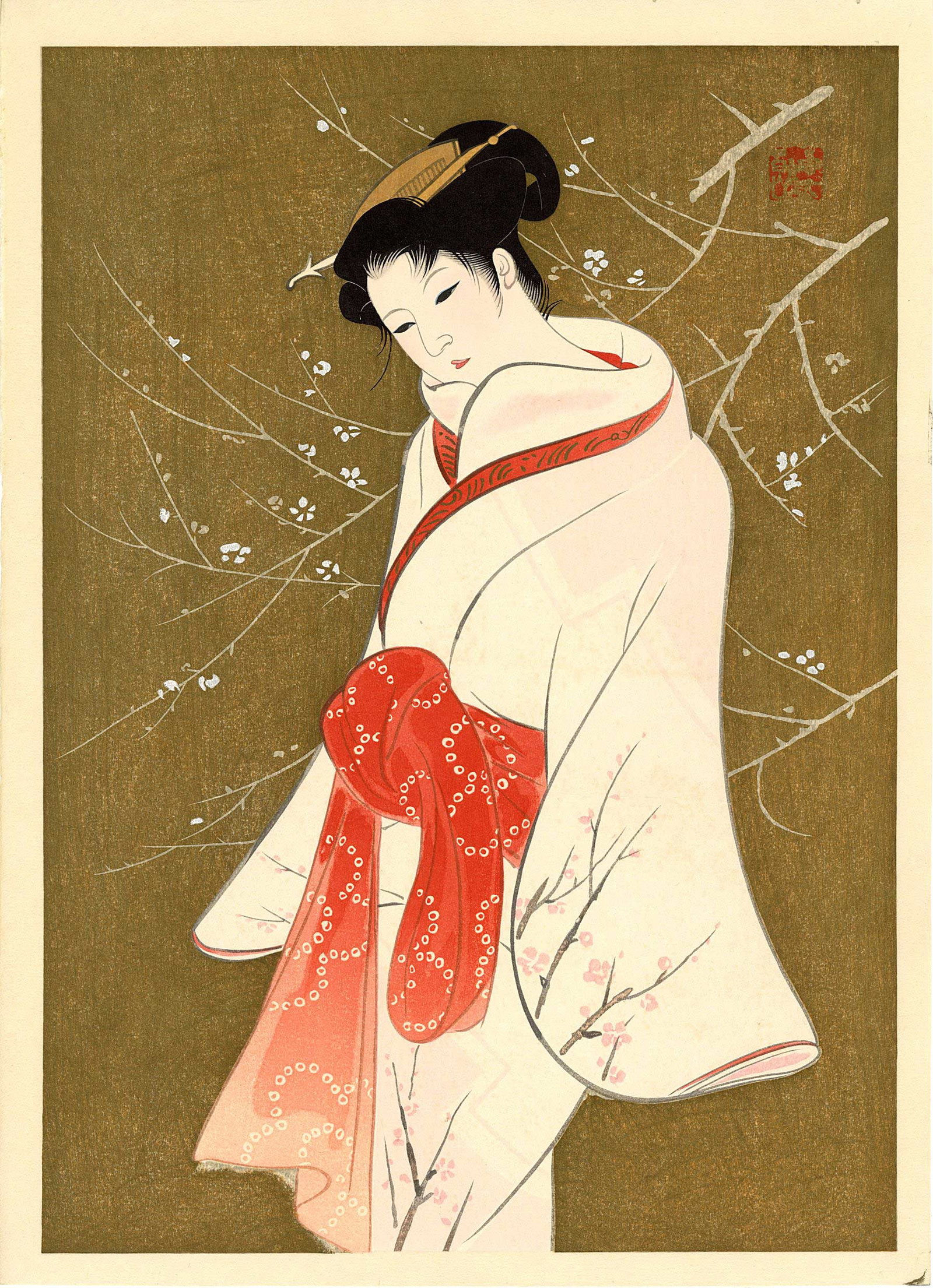 Sentaro Iwata: Beauty and Plum Blossoms Woodlbock: Japanese Woodblock Print, 1970, portrait of a Bijin in the classic style of Kyoho era (1716 - 1736) from the series "Compilation of Masterpieces of Bijin Woodblock Prints", published between 1960-70. 